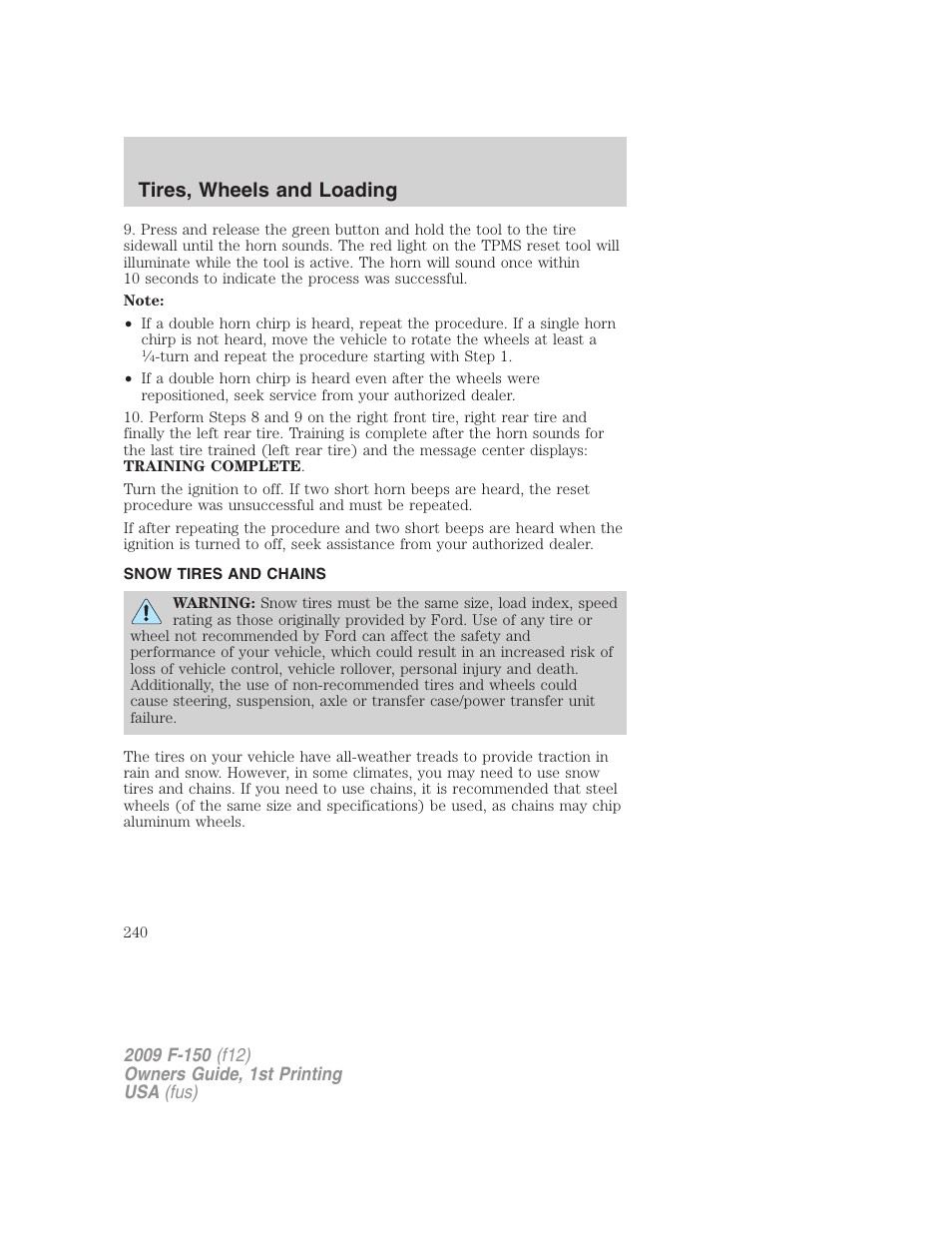 Snow tires and chains, Tires, wheels and loading | FORD 2009 F-150 v.1 User Manual | Page 240 / 405