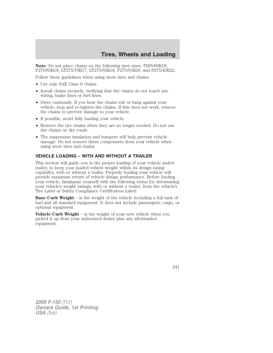 Vehicle loading – with and without a trailer, Vehicle loading, Tires, wheels and loading | FORD 2009 F-150 v.1 User Manual | Page 241 / 405