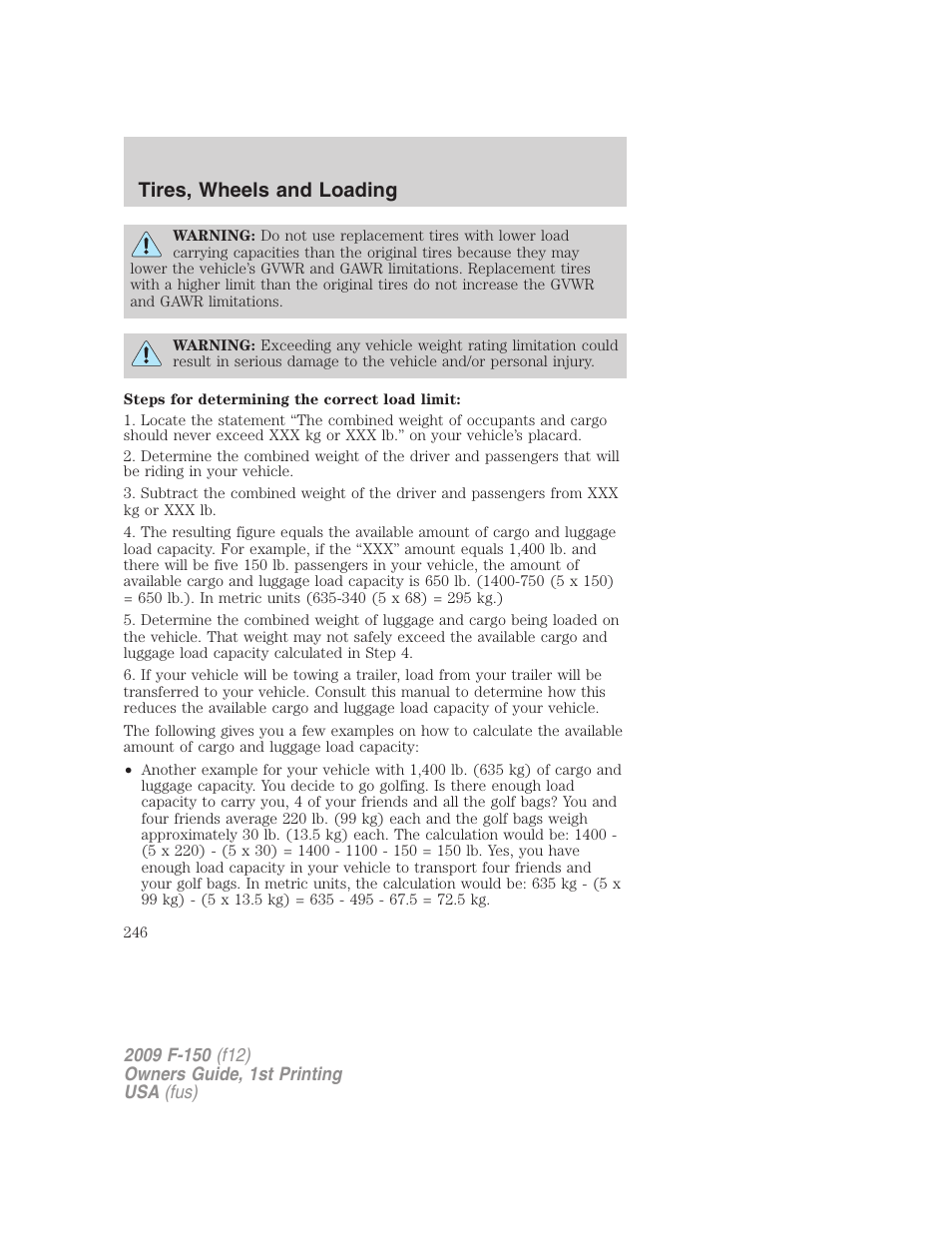Tires, wheels and loading | FORD 2009 F-150 v.1 User Manual | Page 246 / 405