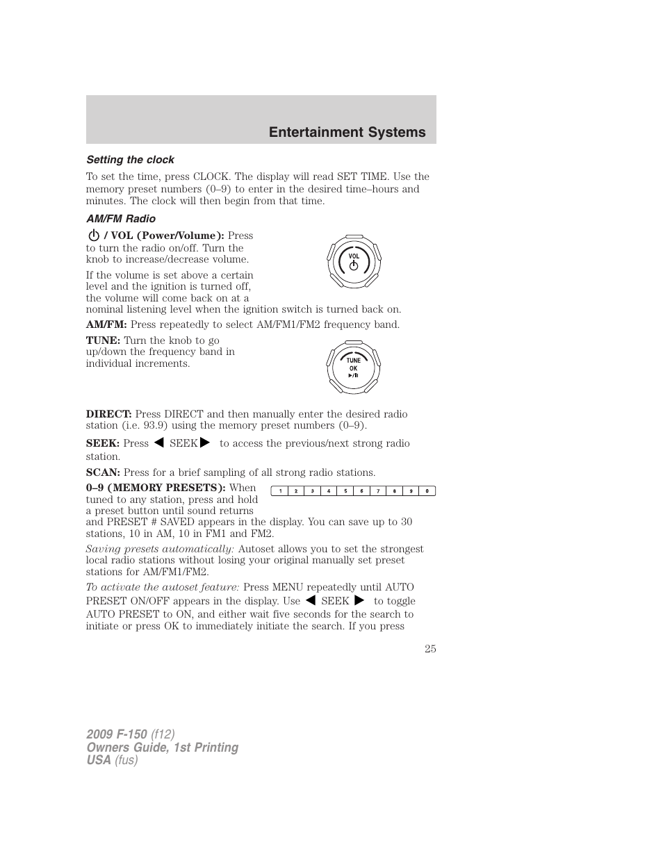 Setting the clock, Am/fm radio, Entertainment systems | FORD 2009 F-150 v.1 User Manual | Page 25 / 405