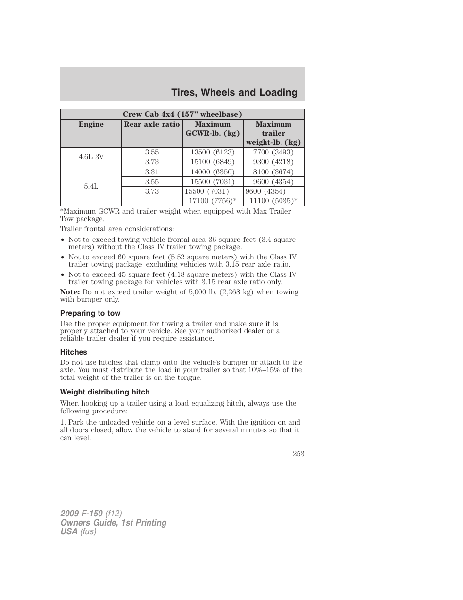 Preparing to tow, Hitches, Weight distributing hitch | Tires, wheels and loading | FORD 2009 F-150 v.1 User Manual | Page 253 / 405