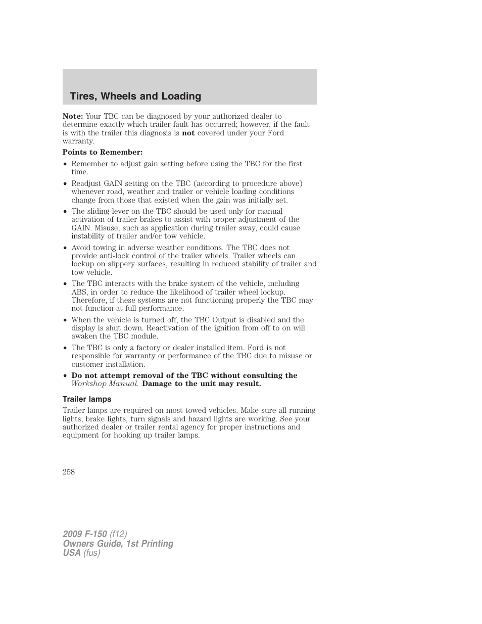 Trailer lamps, Tires, wheels and loading | FORD 2009 F-150 v.1 User Manual | Page 258 / 405