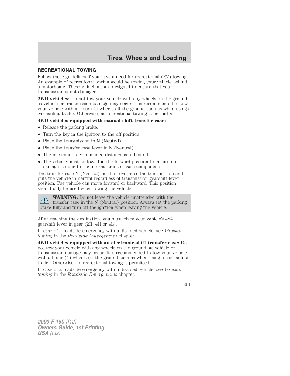 Recreational towing, Tires, wheels and loading | FORD 2009 F-150 v.1 User Manual | Page 261 / 405