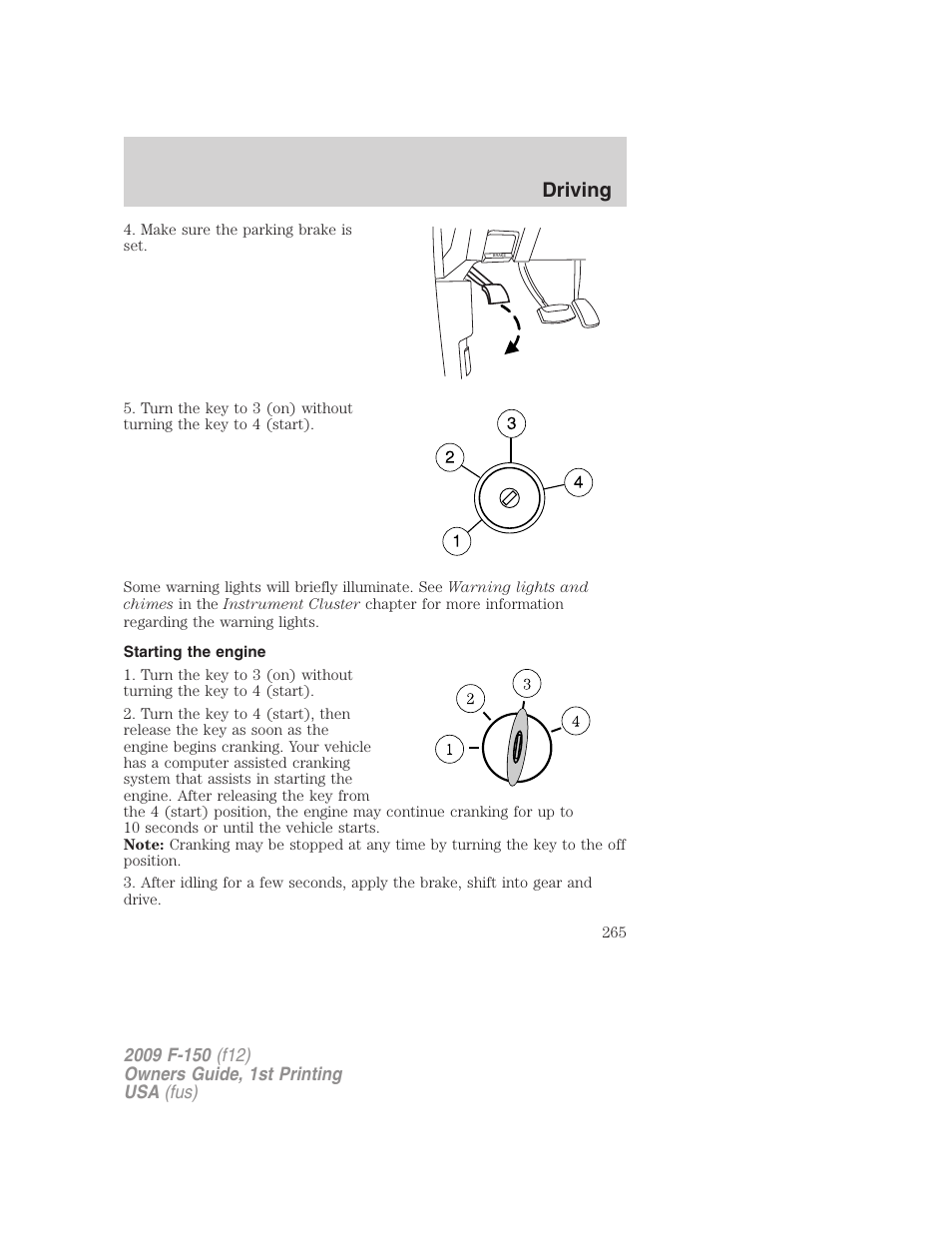 Starting the engine, Driving | FORD 2009 F-150 v.1 User Manual | Page 265 / 405