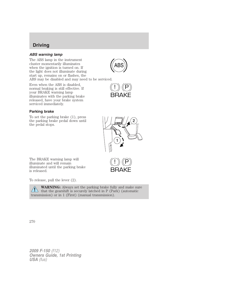 Abs warning lamp, Parking brake, Abs p ! brake p ! brake | FORD 2009 F-150 v.1 User Manual | Page 270 / 405