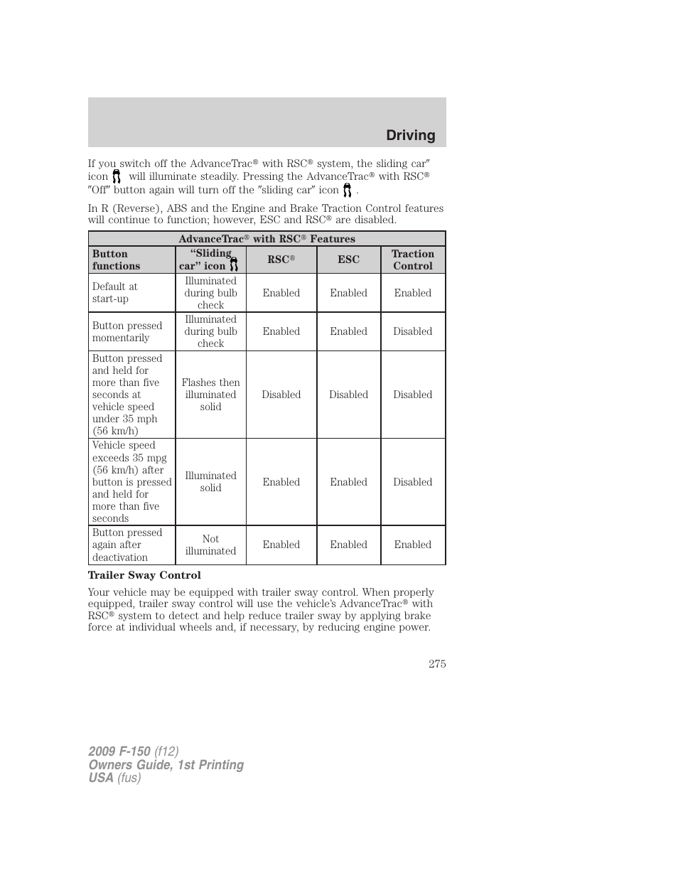 Driving | FORD 2009 F-150 v.1 User Manual | Page 275 / 405
