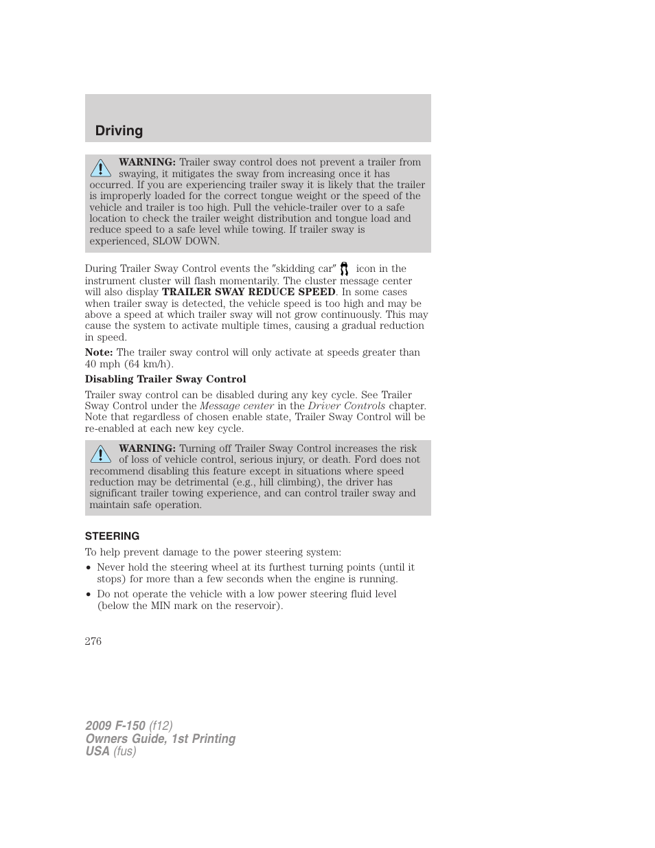 Steering, Driving | FORD 2009 F-150 v.1 User Manual | Page 276 / 405