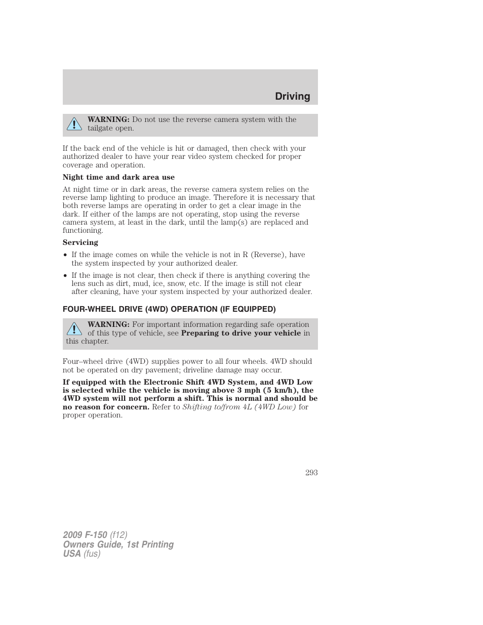 Four-wheel drive (4wd) operation (if equipped), Driving | FORD 2009 F-150 v.1 User Manual | Page 293 / 405