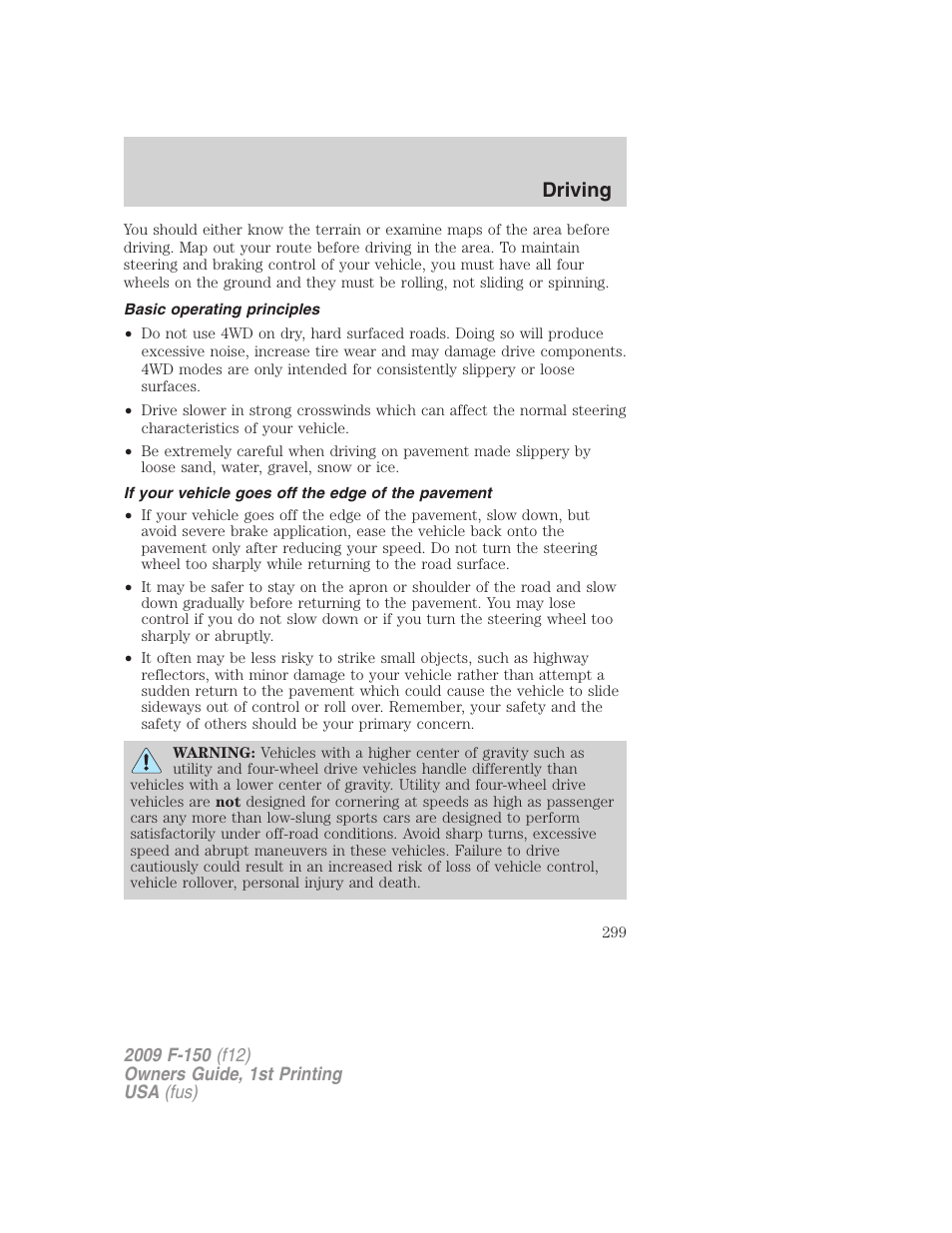 Basic operating principles, If your vehicle goes off the edge of the pavement, Driving | FORD 2009 F-150 v.1 User Manual | Page 299 / 405