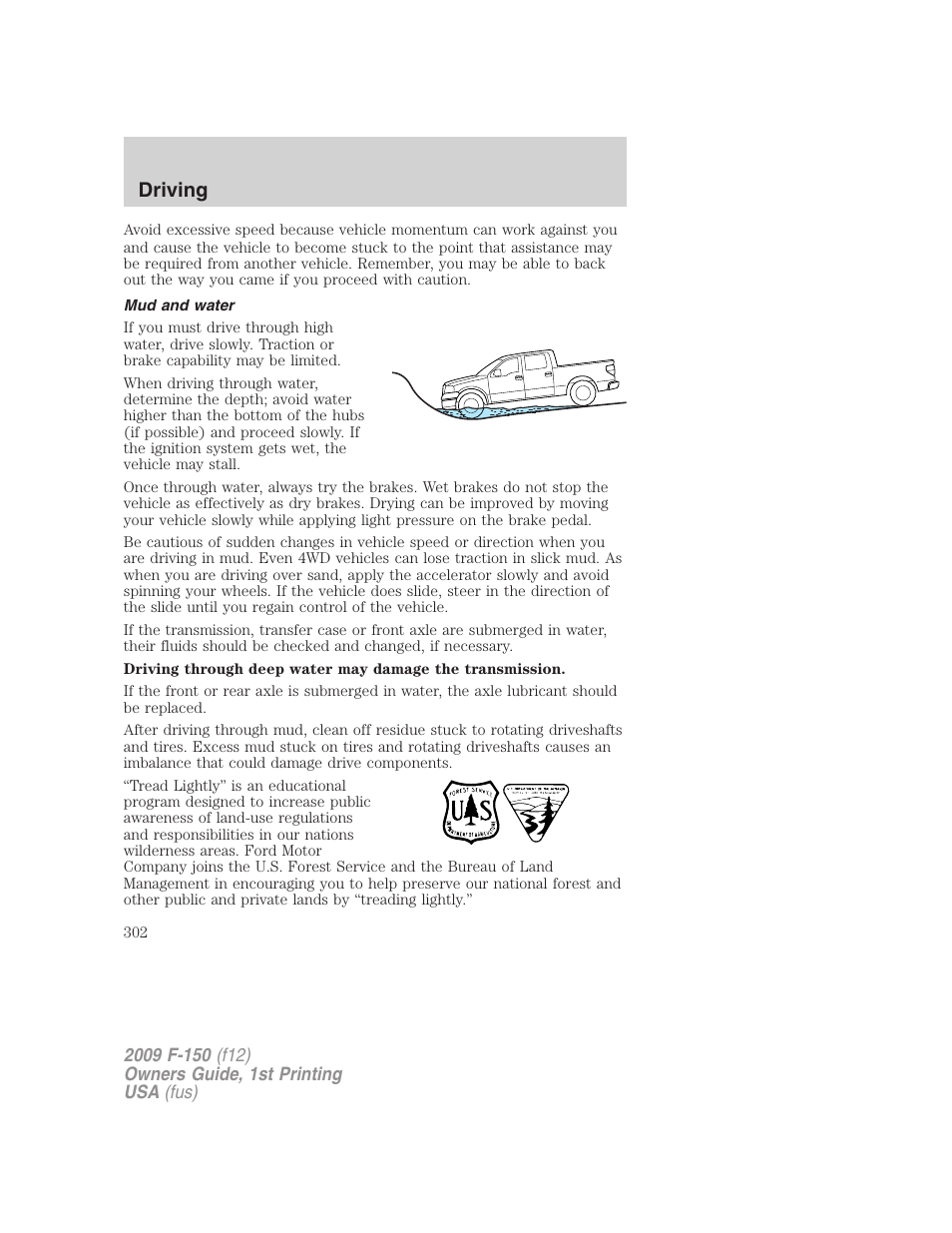 Mud and water, Driving | FORD 2009 F-150 v.1 User Manual | Page 302 / 405