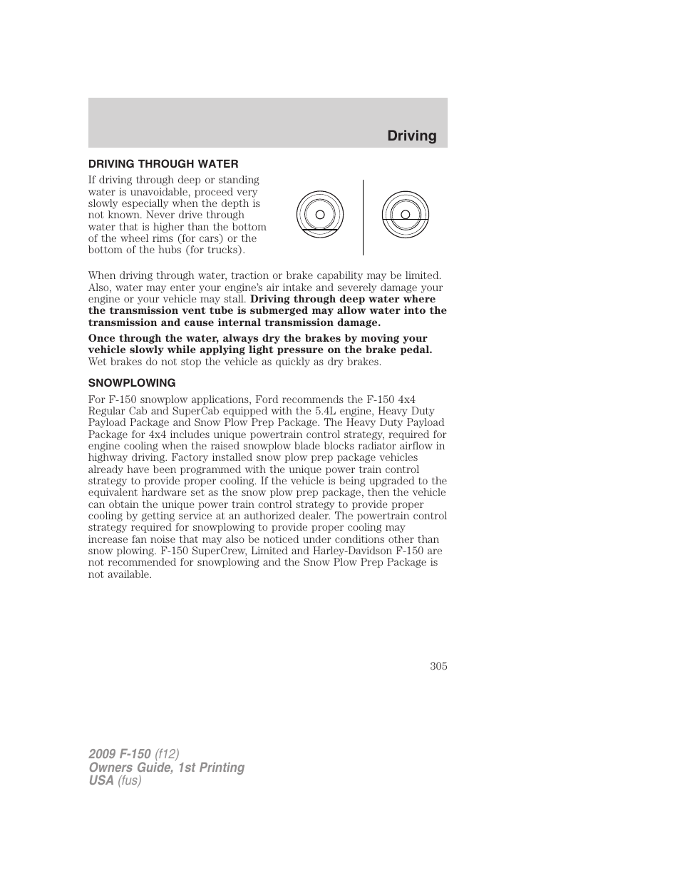 Driving through water, Snowplowing, Driving | FORD 2009 F-150 v.1 User Manual | Page 305 / 405