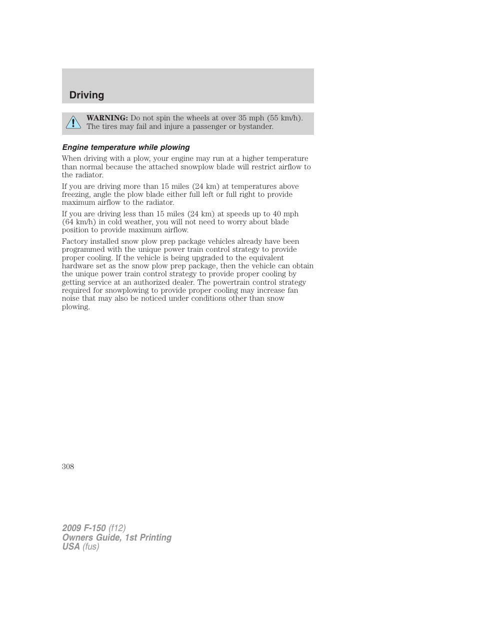 Engine temperature while plowing, Driving | FORD 2009 F-150 v.1 User Manual | Page 308 / 405