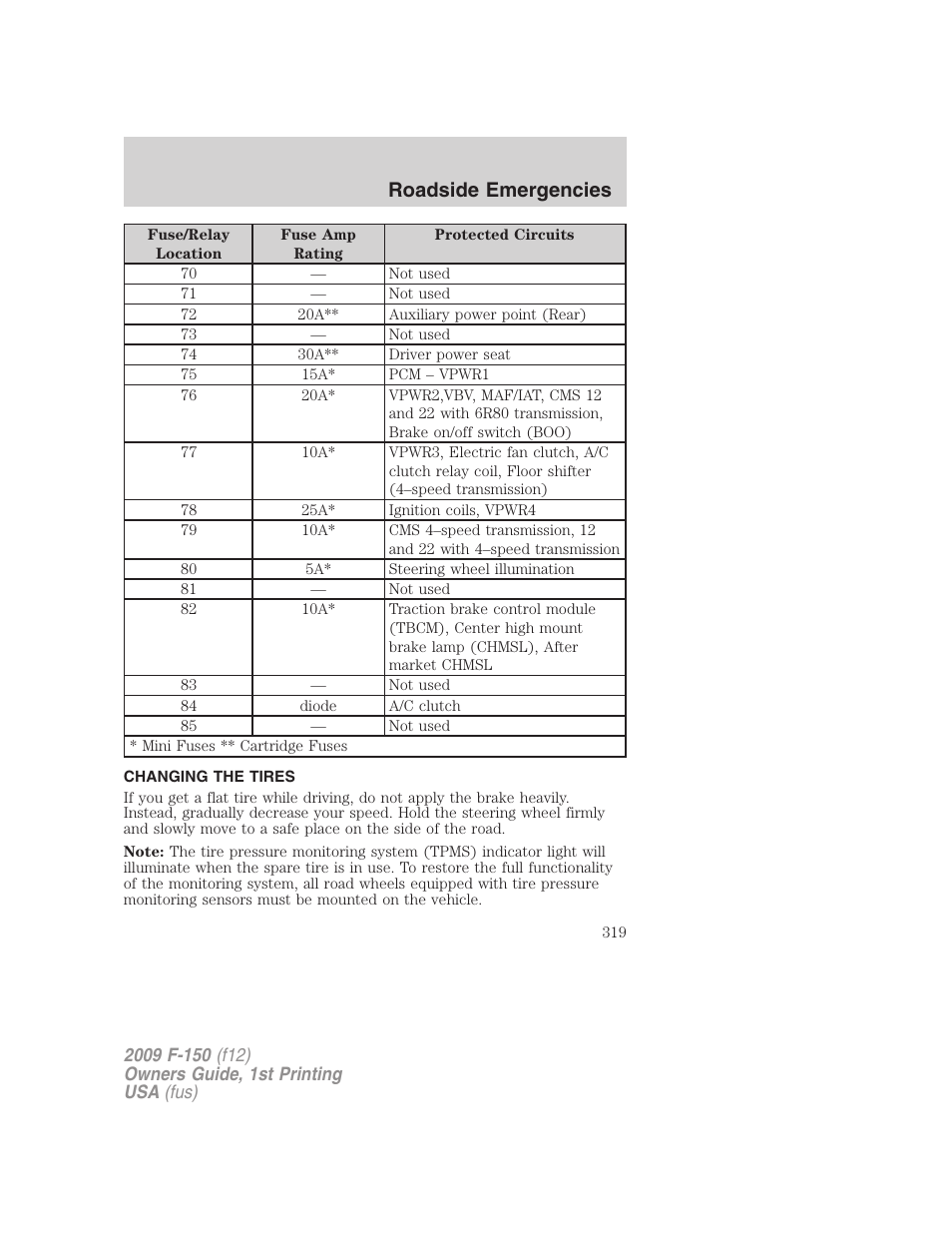 Changing the tires, Changing tires, Roadside emergencies | FORD 2009 F-150 v.1 User Manual | Page 319 / 405