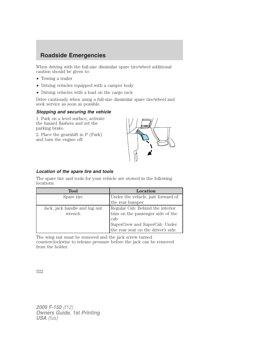 Stopping and securing the vehicle, Location of the spare tire and tools, Roadside emergencies | FORD 2009 F-150 v.1 User Manual | Page 322 / 405