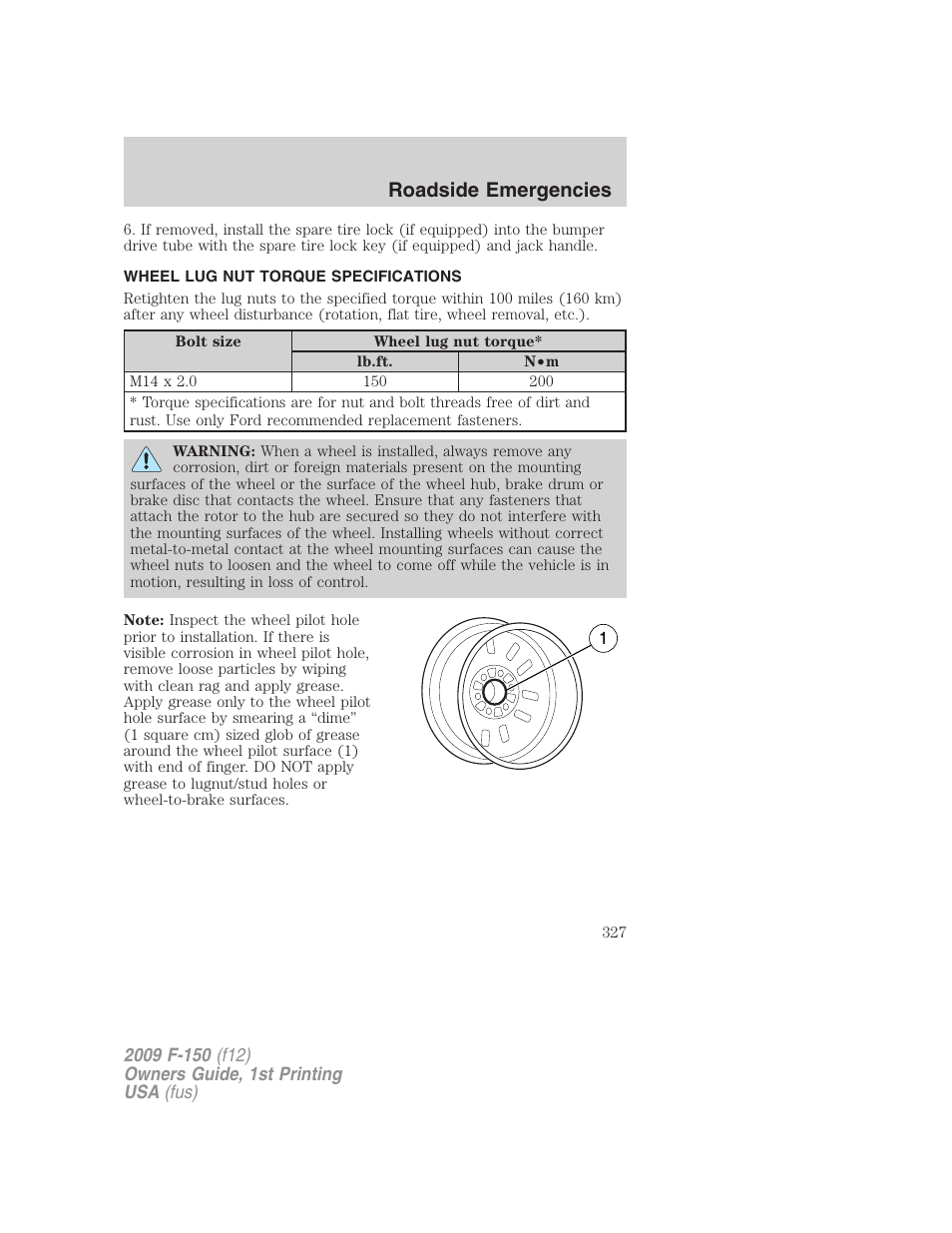 Wheel lug nut torque specifications, Wheel lug nut torque, Roadside emergencies | FORD 2009 F-150 v.1 User Manual | Page 327 / 405