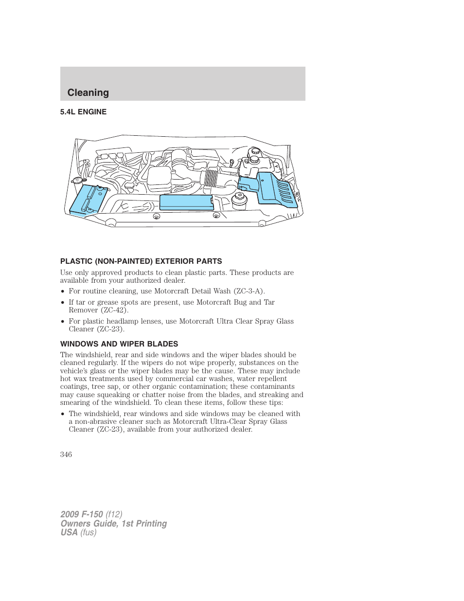 4l engine, Plastic (non-painted) exterior parts, Windows and wiper blades | Cleaning | FORD 2009 F-150 v.1 User Manual | Page 346 / 405