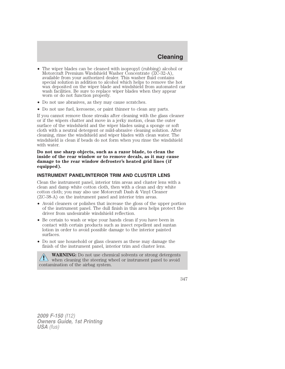 Instrument panel/interior trim and cluster lens, Cleaning | FORD 2009 F-150 v.1 User Manual | Page 347 / 405