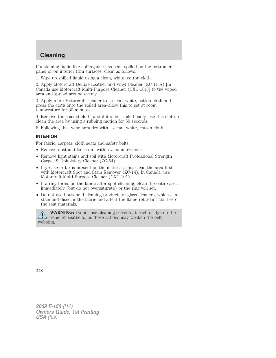 Interior, Cleaning | FORD 2009 F-150 v.1 User Manual | Page 348 / 405