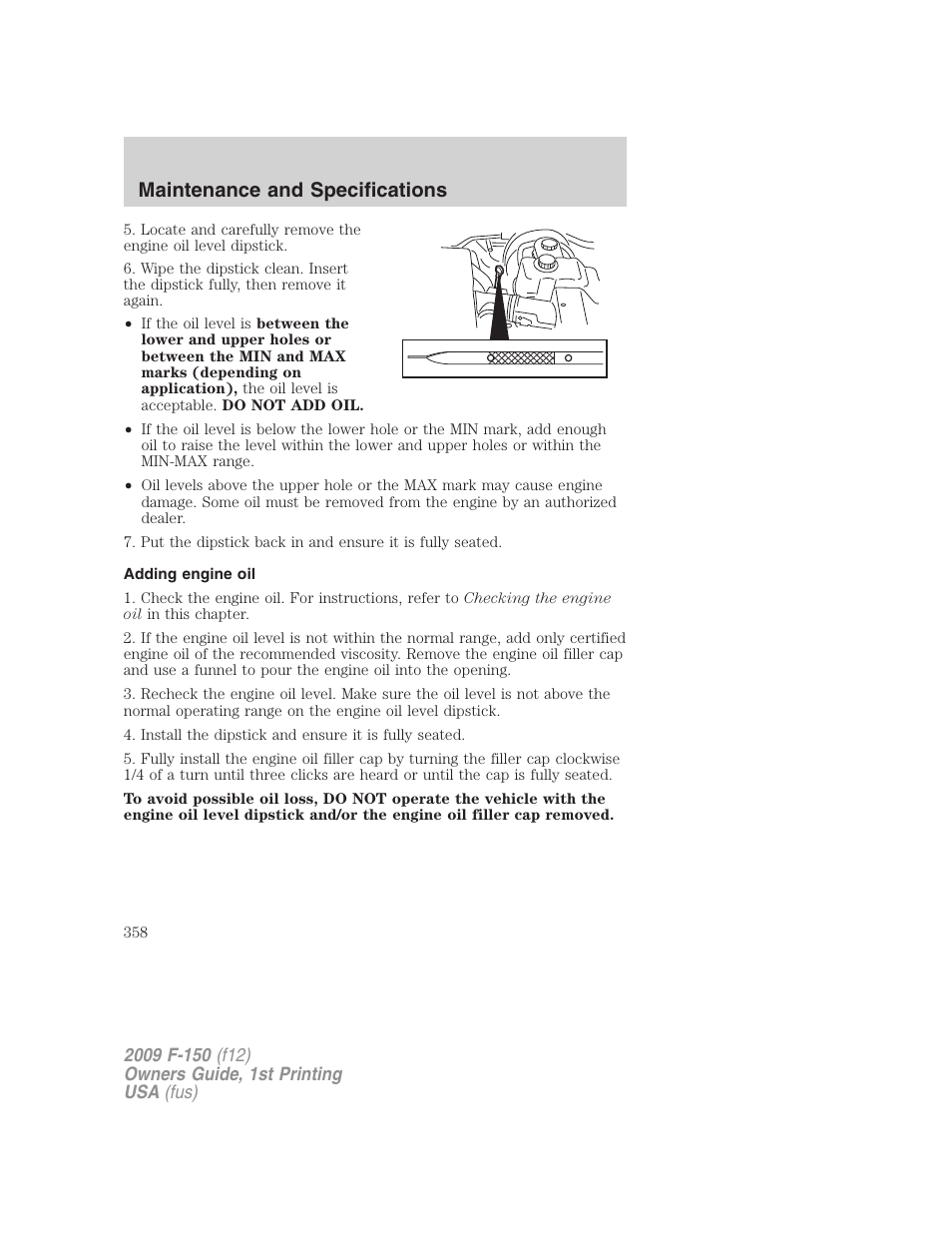 Adding engine oil, Maintenance and specifications | FORD 2009 F-150 v.1 User Manual | Page 358 / 405