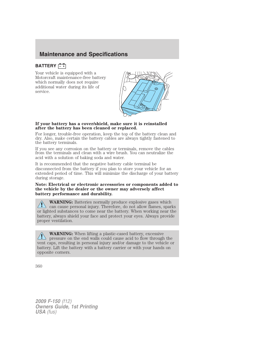 Battery, Maintenance and specifications | FORD 2009 F-150 v.1 User Manual | Page 360 / 405