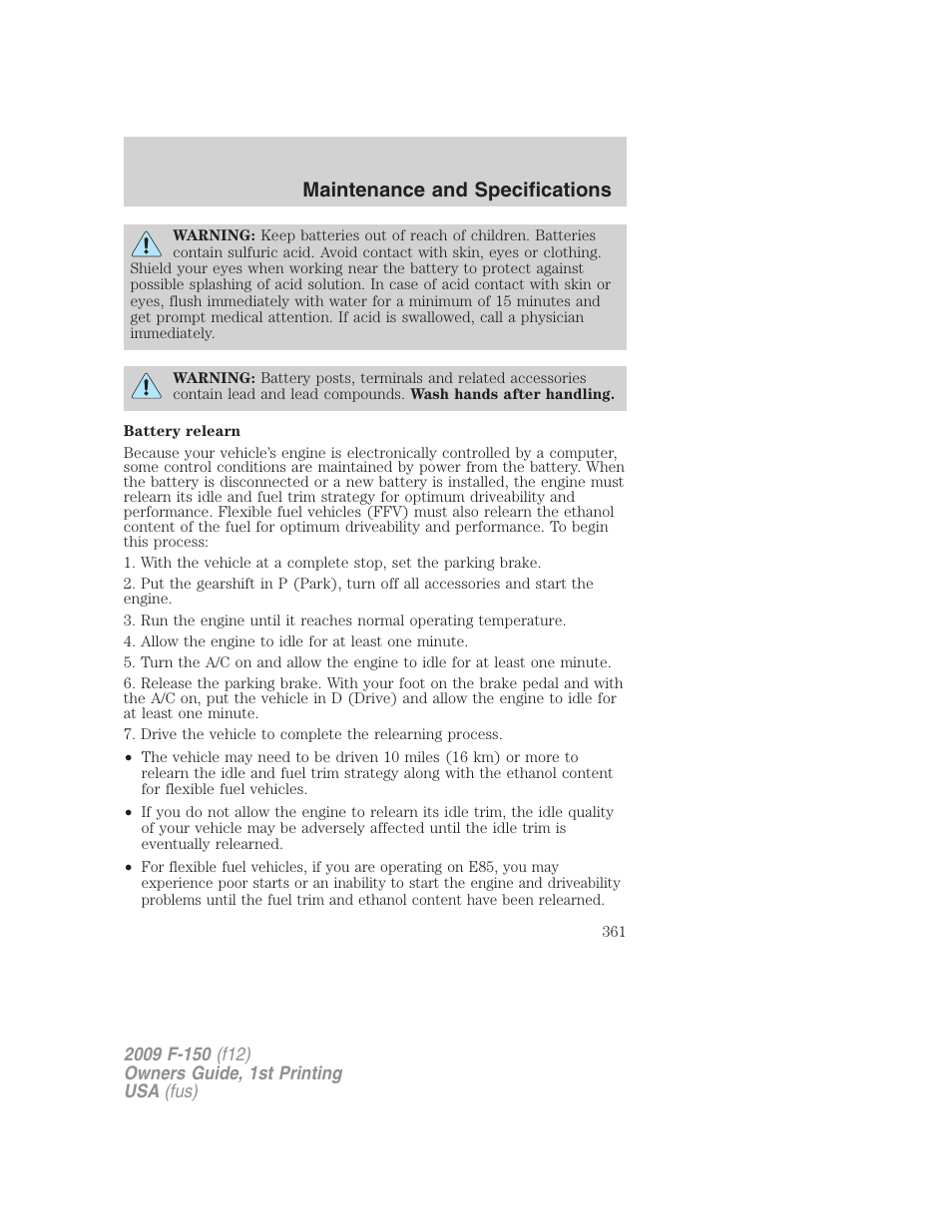 Maintenance and specifications | FORD 2009 F-150 v.1 User Manual | Page 361 / 405