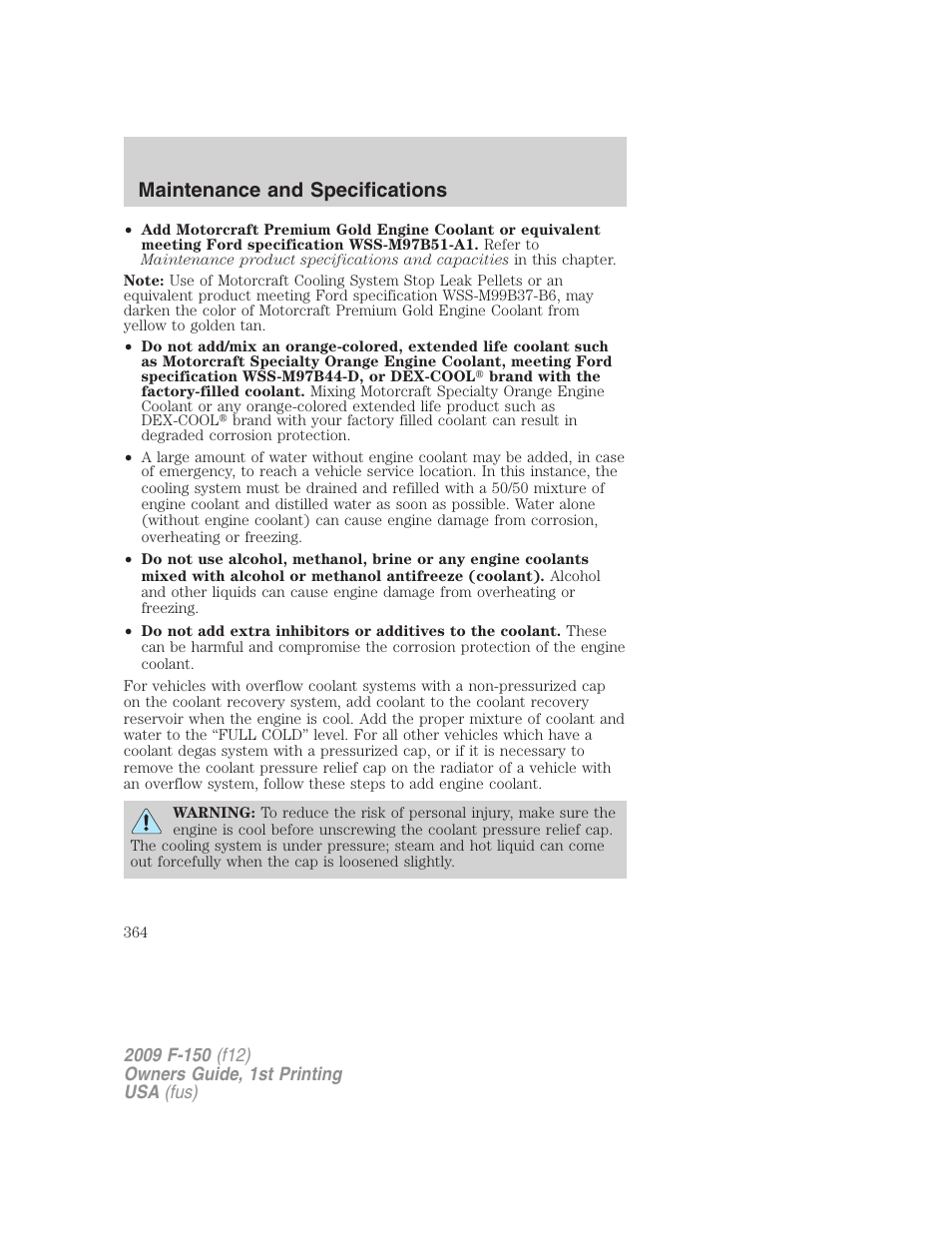 Maintenance and specifications | FORD 2009 F-150 v.1 User Manual | Page 364 / 405