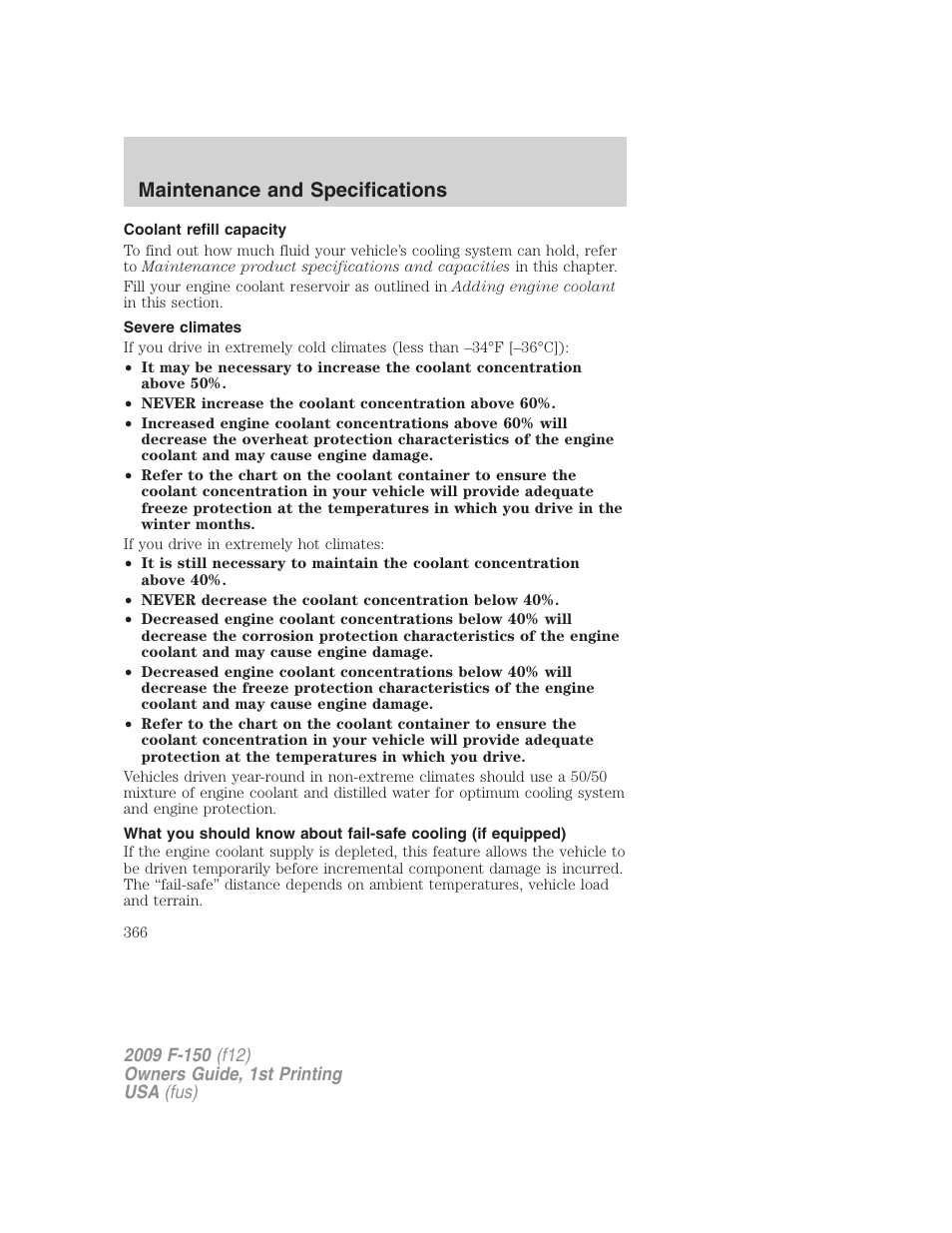 Coolant refill capacity, Severe climates, Maintenance and specifications | FORD 2009 F-150 v.1 User Manual | Page 366 / 405