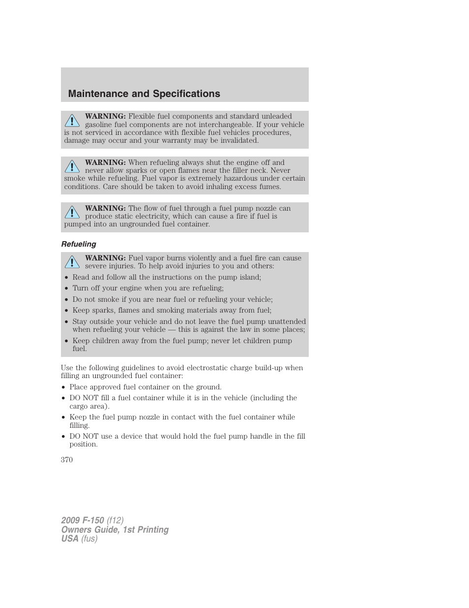 Refueling, Maintenance and specifications | FORD 2009 F-150 v.1 User Manual | Page 370 / 405
