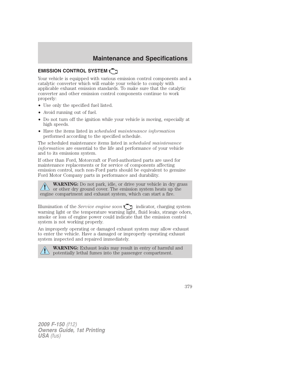 Emission control system, Maintenance and specifications | FORD 2009 F-150 v.1 User Manual | Page 379 / 405