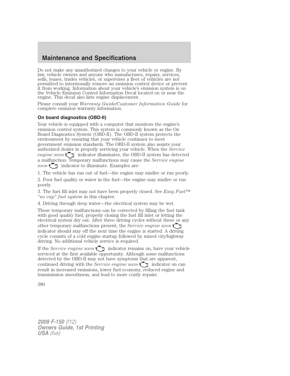 On board diagnostics (obd-ii), Maintenance and specifications | FORD 2009 F-150 v.1 User Manual | Page 380 / 405
