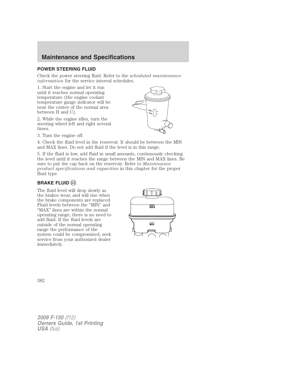 Power steering fluid, Brake fluid, Maintenance and specifications | FORD 2009 F-150 v.1 User Manual | Page 382 / 405