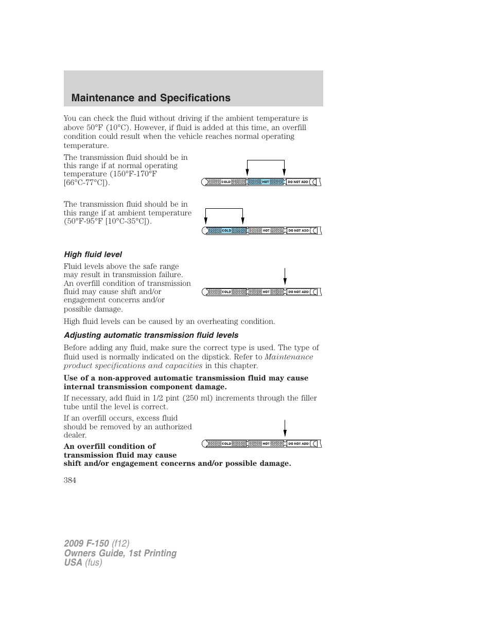 High fluid level, Adjusting automatic transmission fluid levels, Maintenance and specifications | FORD 2009 F-150 v.1 User Manual | Page 384 / 405