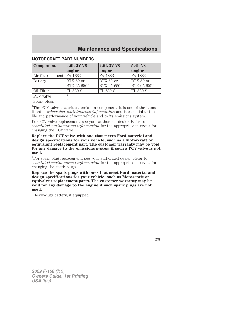 Motorcraft part numbers, Part numbers, Maintenance and specifications | FORD 2009 F-150 v.1 User Manual | Page 389 / 405