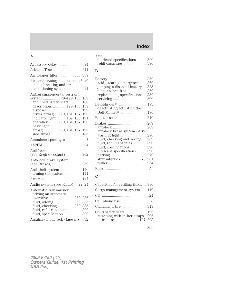 Index | FORD 2009 F-150 v.1 User Manual | Page 399 / 405