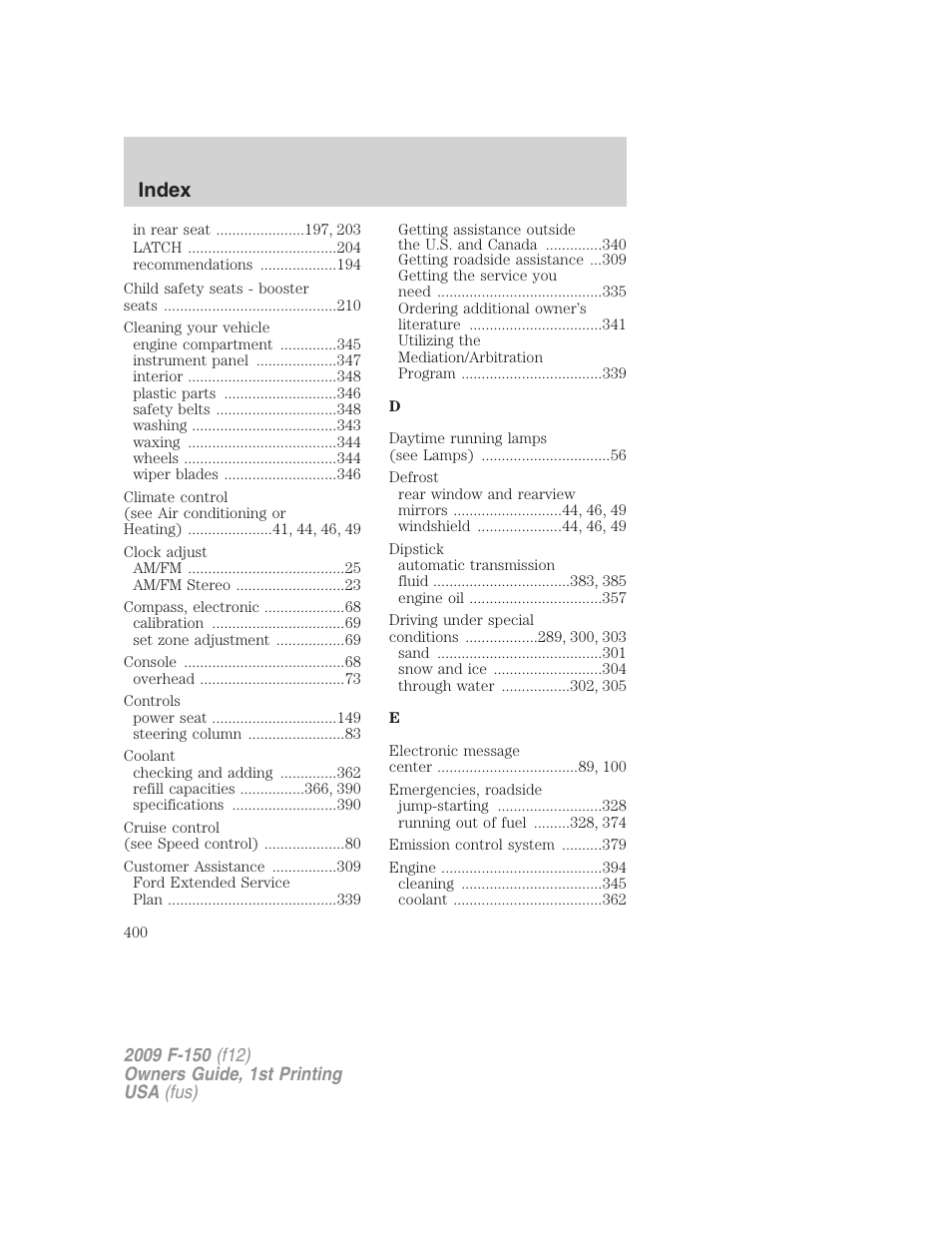 Index | FORD 2009 F-150 v.1 User Manual | Page 400 / 405