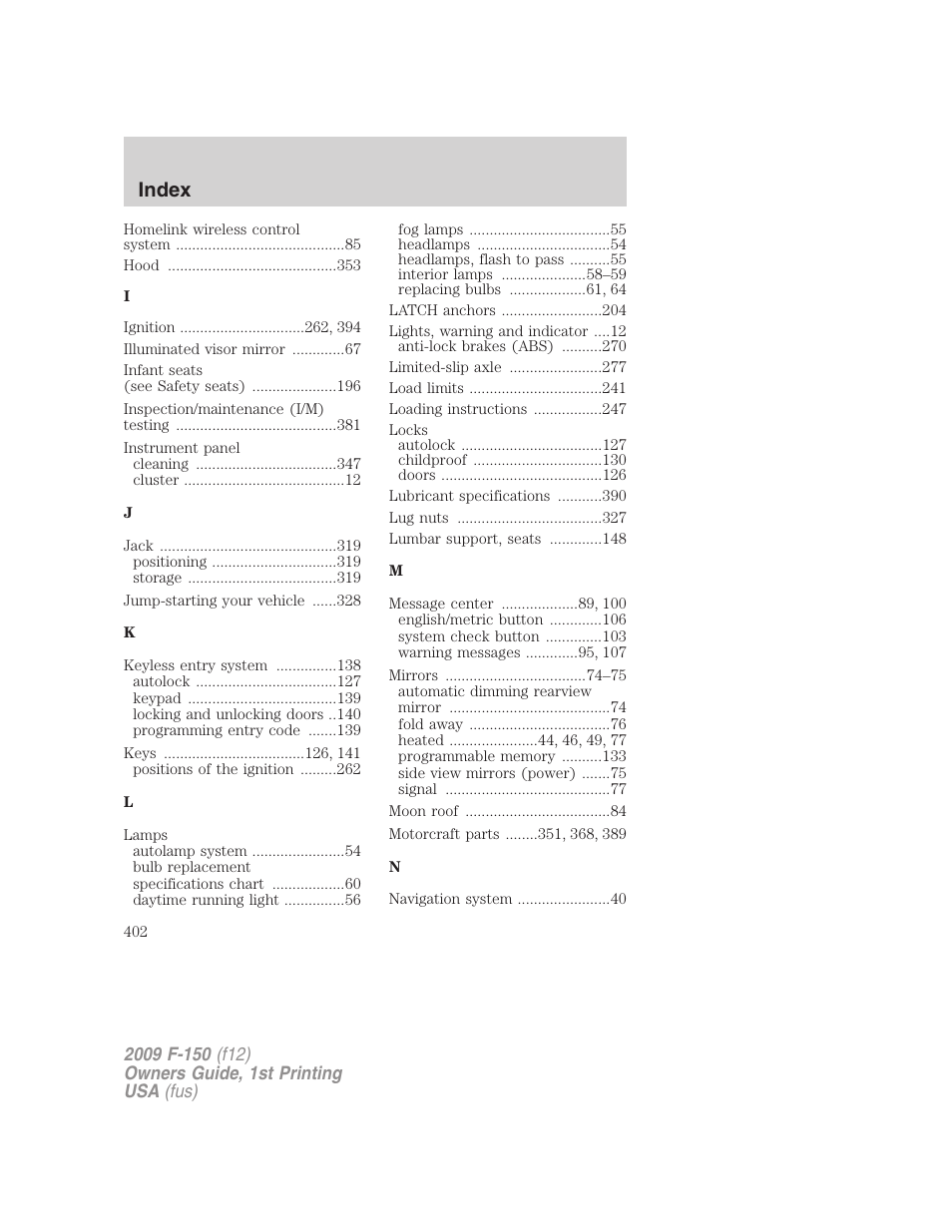 Index | FORD 2009 F-150 v.1 User Manual | Page 402 / 405