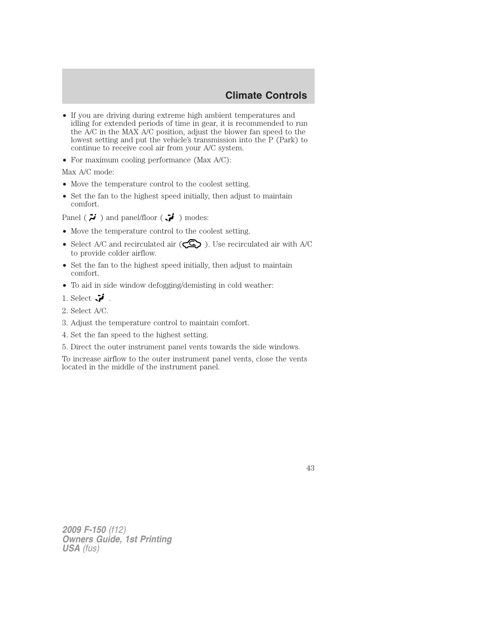 Climate controls | FORD 2009 F-150 v.1 User Manual | Page 43 / 405