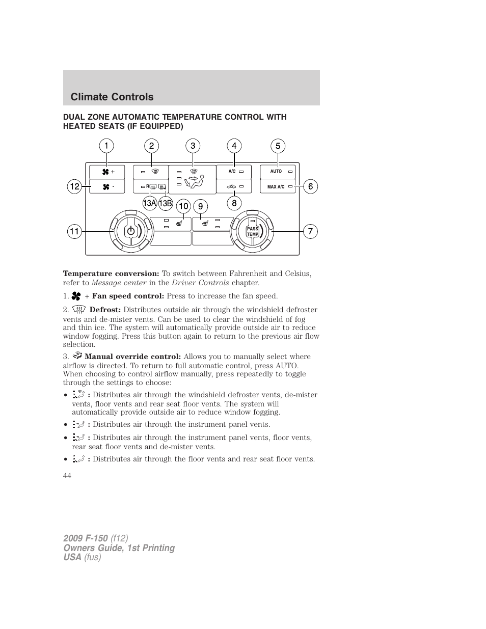 Dual electronic automatic temperature control, Climate controls | FORD 2009 F-150 v.1 User Manual | Page 44 / 405