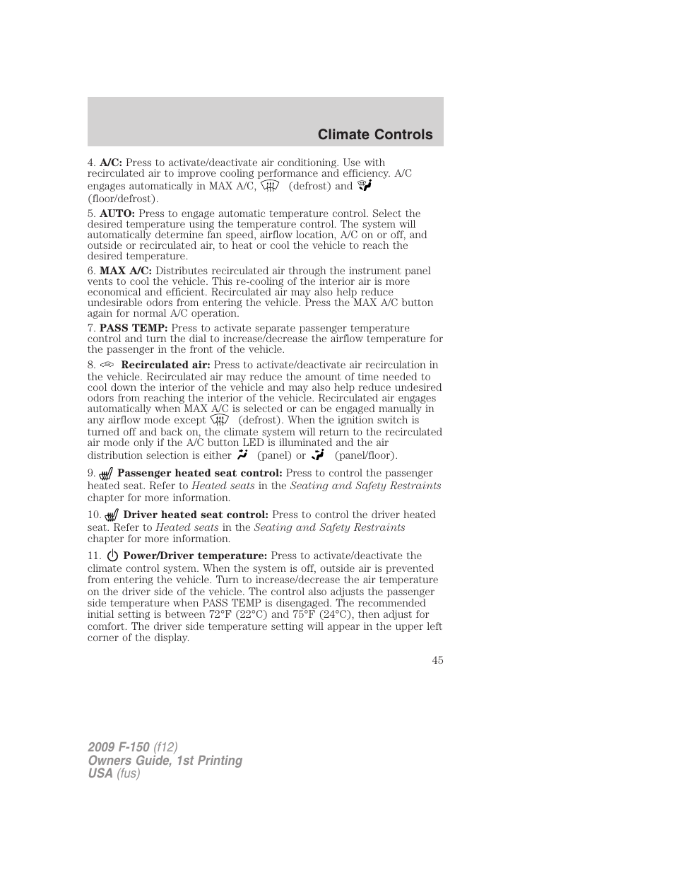 Climate controls | FORD 2009 F-150 v.1 User Manual | Page 45 / 405