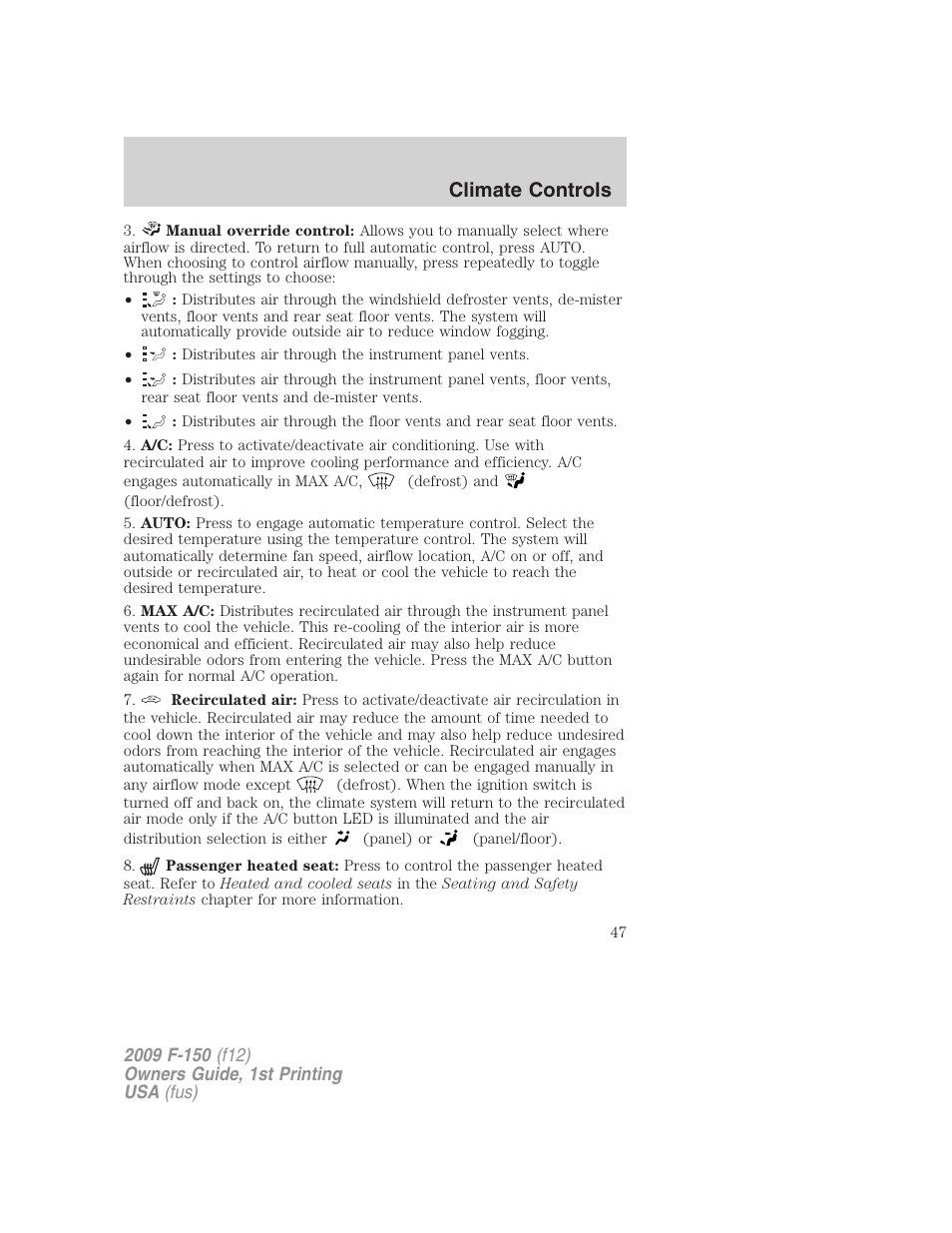 Climate controls | FORD 2009 F-150 v.1 User Manual | Page 47 / 405