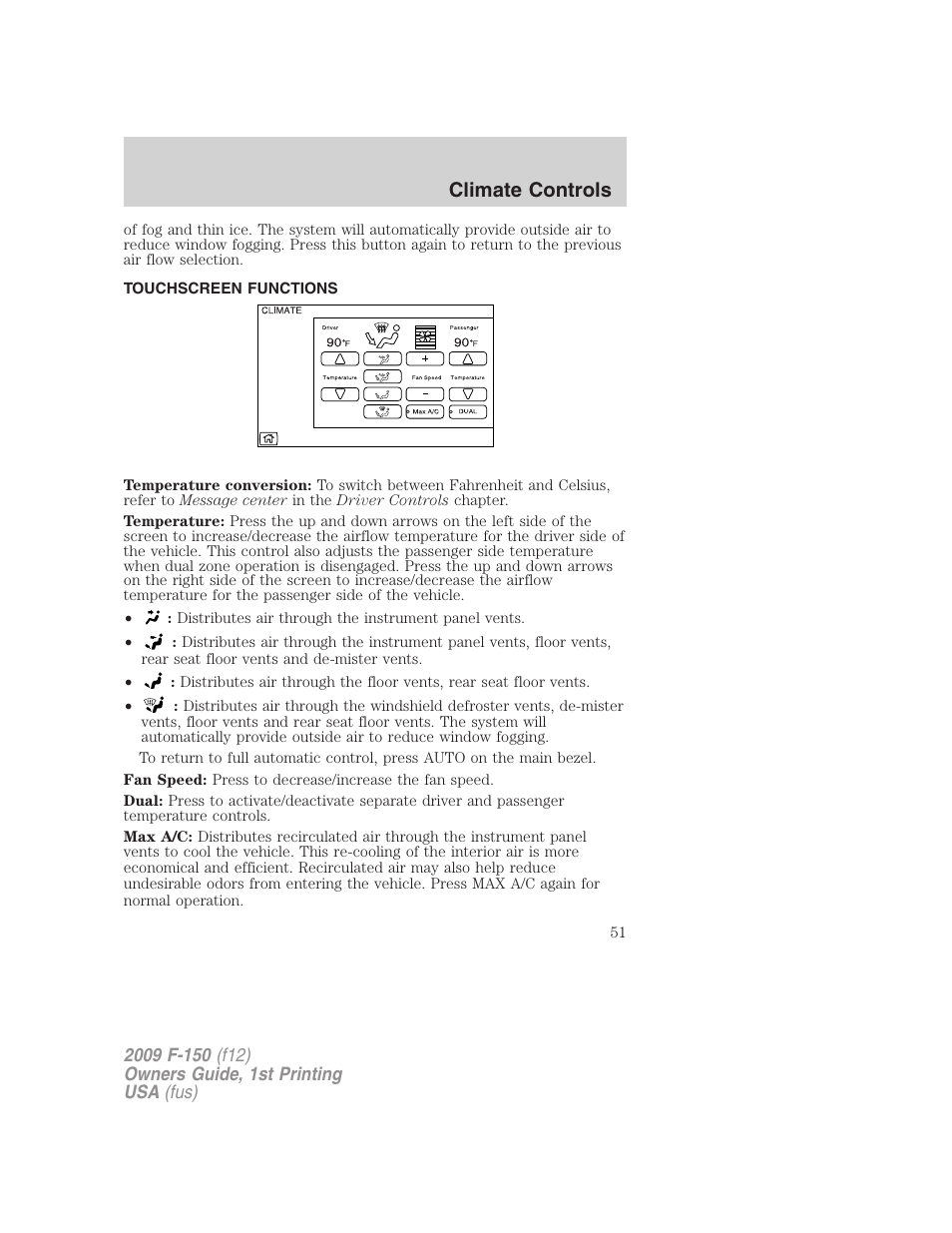 Touchscreen functions, Climate controls | FORD 2009 F-150 v.1 User Manual | Page 51 / 405