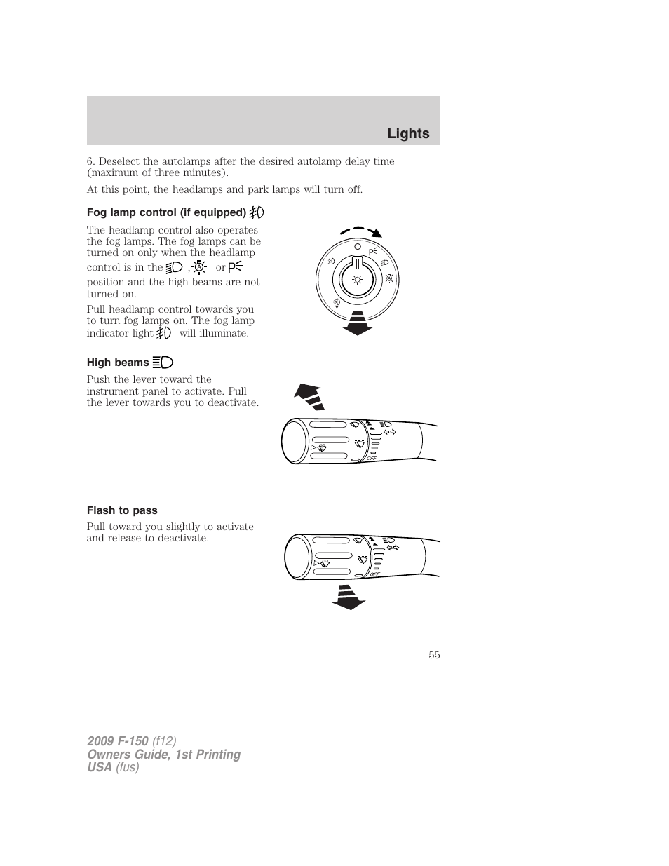 Fog lamp control (if equipped), High beams, Flash to pass | Lights | FORD 2009 F-150 v.1 User Manual | Page 55 / 405