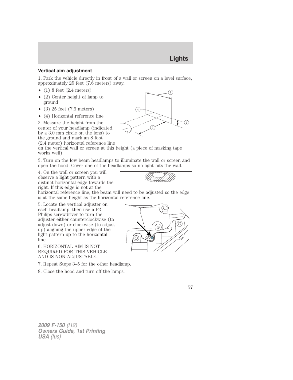 Vertical aim adjustment, Lights | FORD 2009 F-150 v.1 User Manual | Page 57 / 405