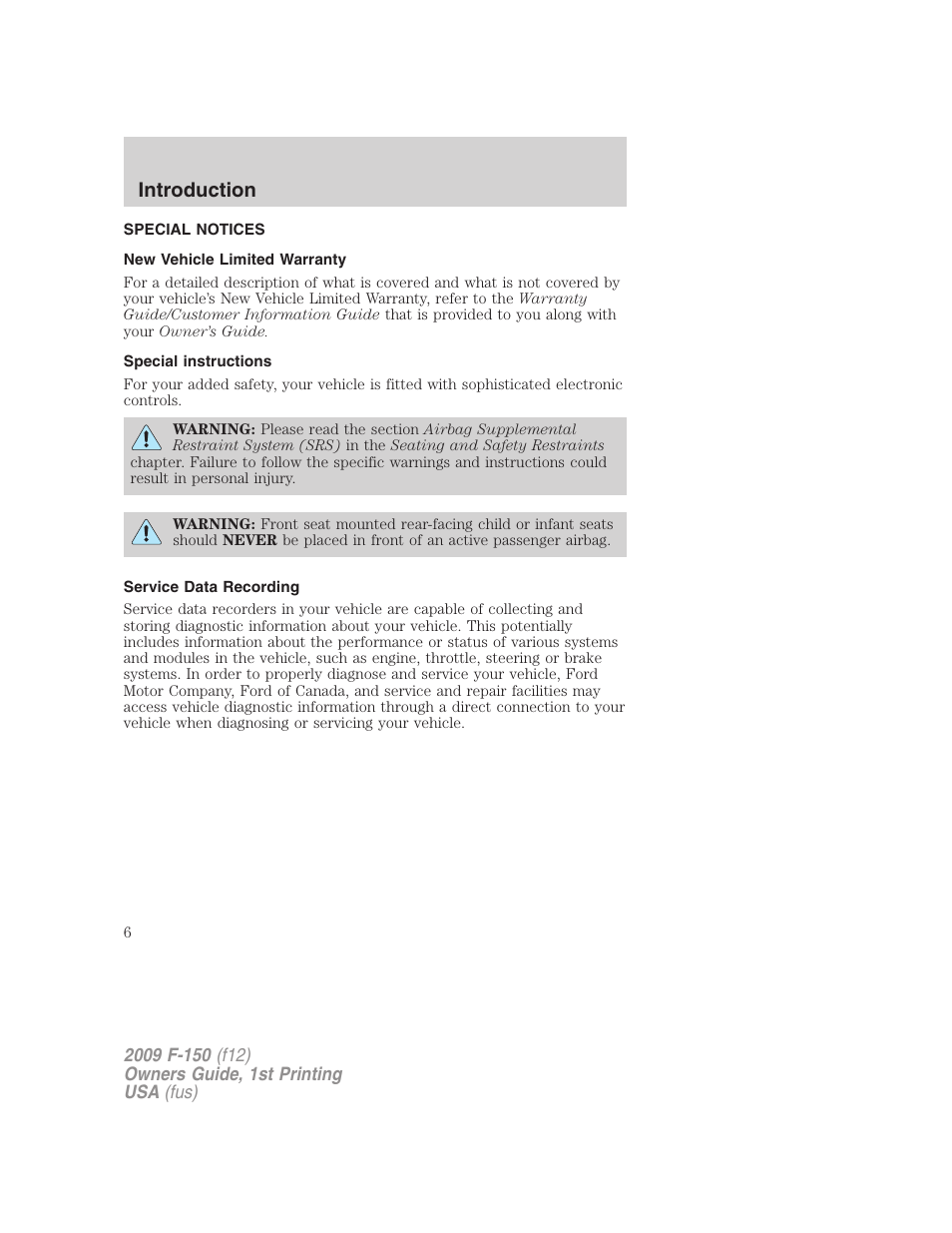 Special notices, New vehicle limited warranty, Special instructions | Service data recording, Introduction | FORD 2009 F-150 v.1 User Manual | Page 6 / 405