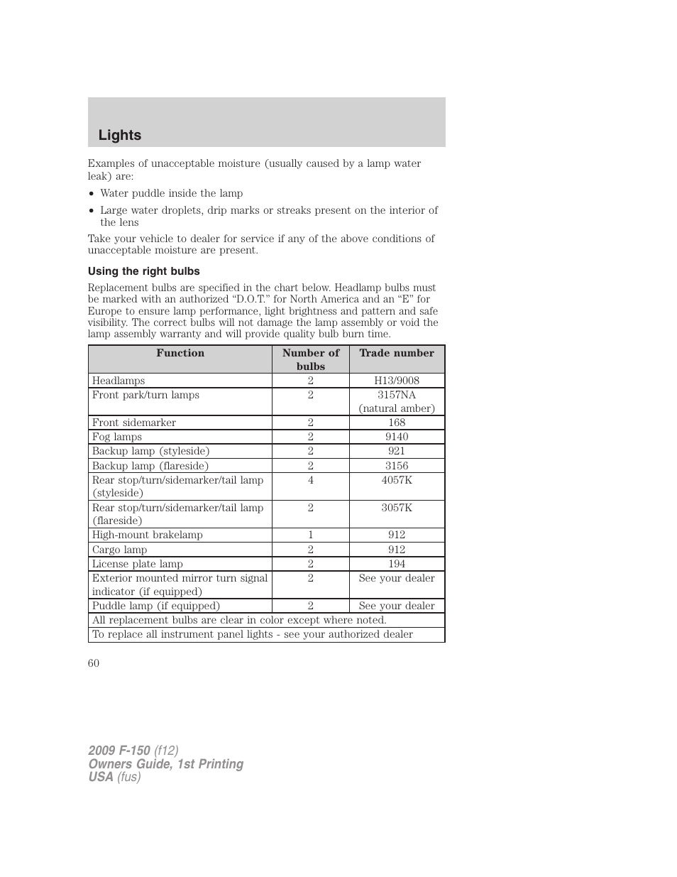 Using the right bulbs, Lights | FORD 2009 F-150 v.1 User Manual | Page 60 / 405