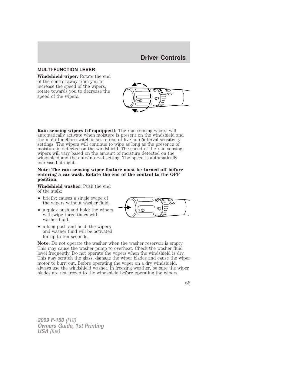 Driver controls, Multi-function lever, Windshield wiper/washer control | FORD 2009 F-150 v.1 User Manual | Page 65 / 405