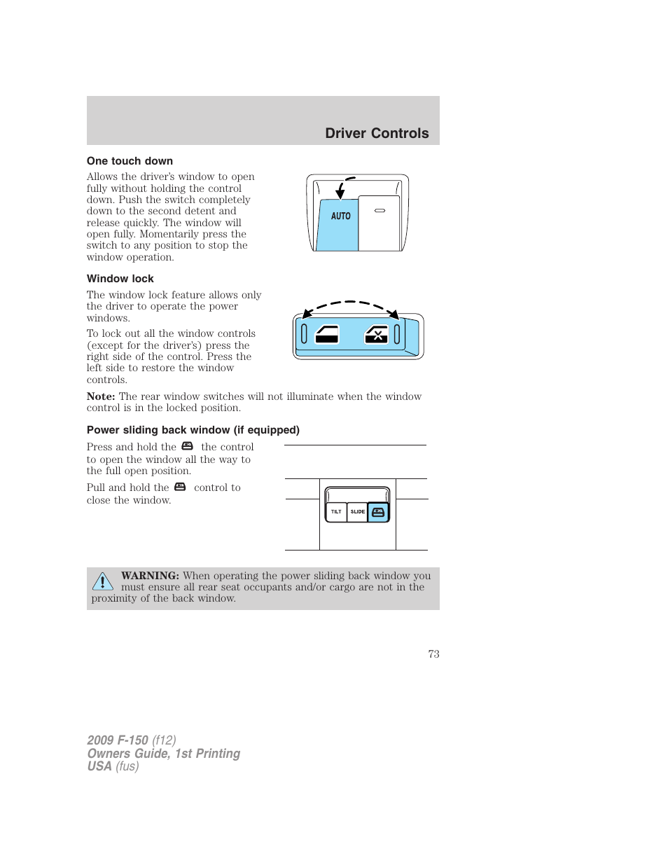 One touch down, Window lock, Power sliding back window (if equipped) | Driver controls | FORD 2009 F-150 v.1 User Manual | Page 73 / 405