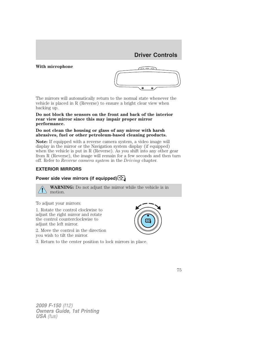 Exterior mirrors, Power side view mirrors (if equipped), Driver controls | FORD 2009 F-150 v.1 User Manual | Page 75 / 405