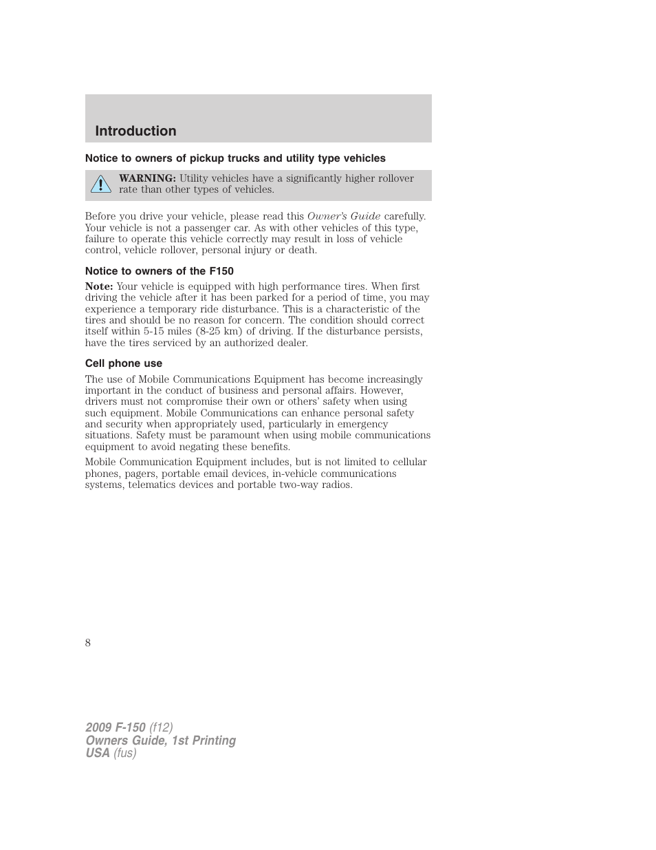 Notice to owners of the f150, Cell phone use, Introduction | FORD 2009 F-150 v.1 User Manual | Page 8 / 405