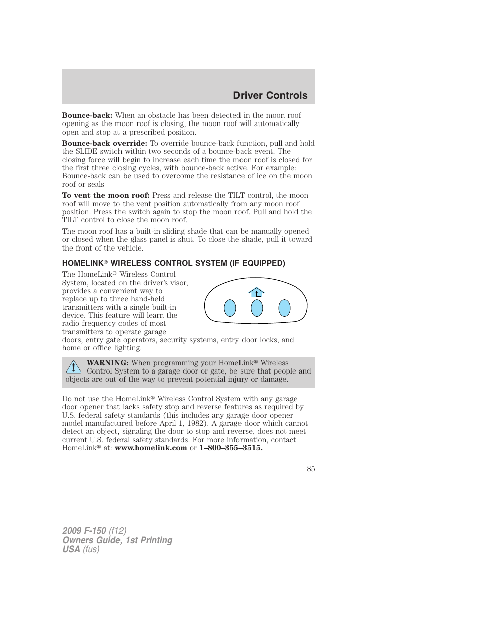 Homelink wireless control system (if equipped), Driver controls | FORD 2009 F-150 v.1 User Manual | Page 85 / 405